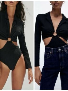 Zara Black Long-Sleeve Cutout Bodysuit with Ring Detail